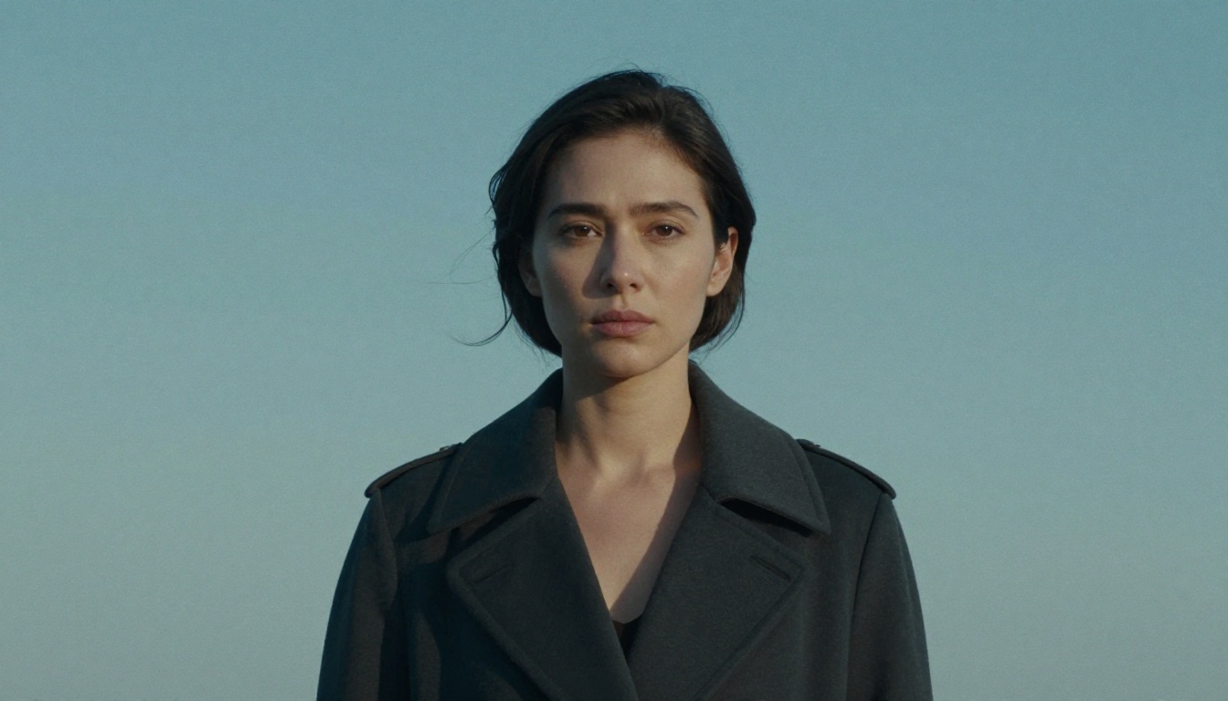 Minimal cinematic editorial portrait of a woman in a dark coat, sharp face with soft halo diffusion, petrol-teal gradient backdrop