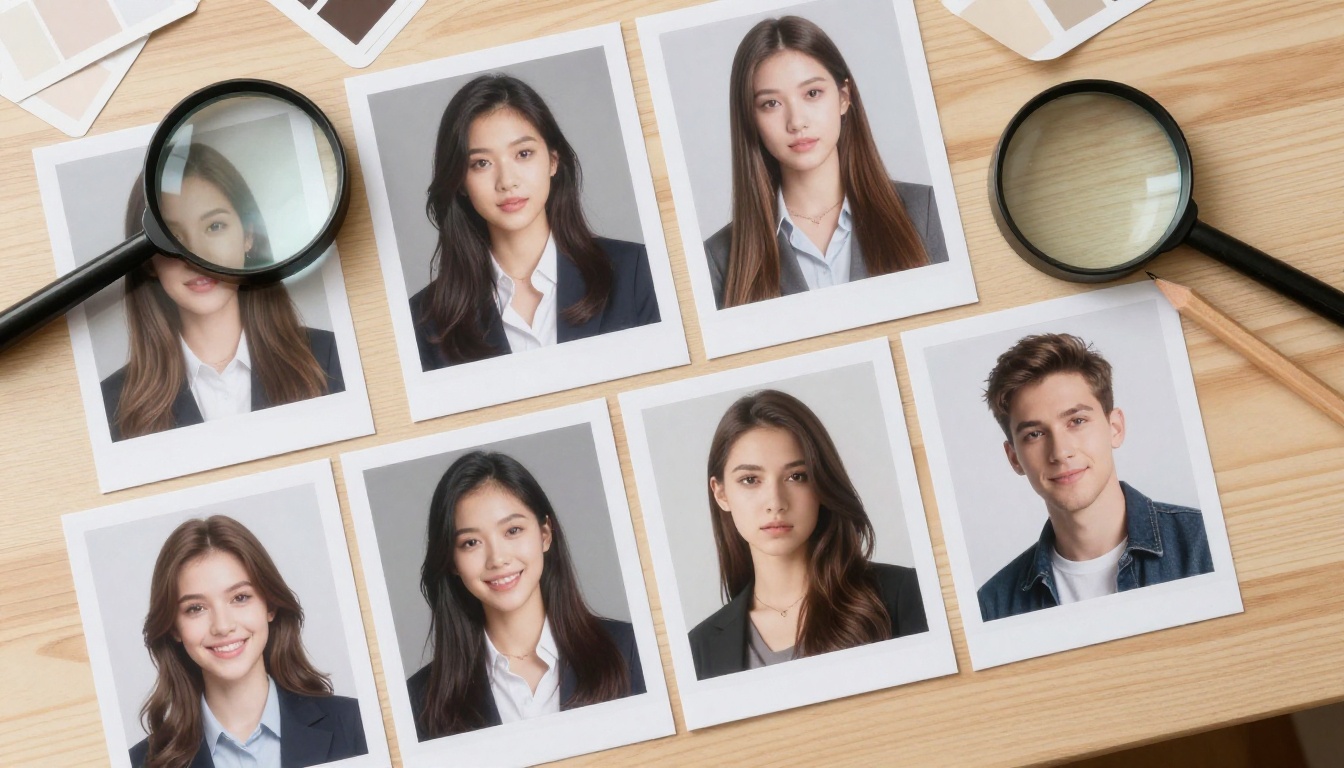 Printed AI photos laid out for a quality check