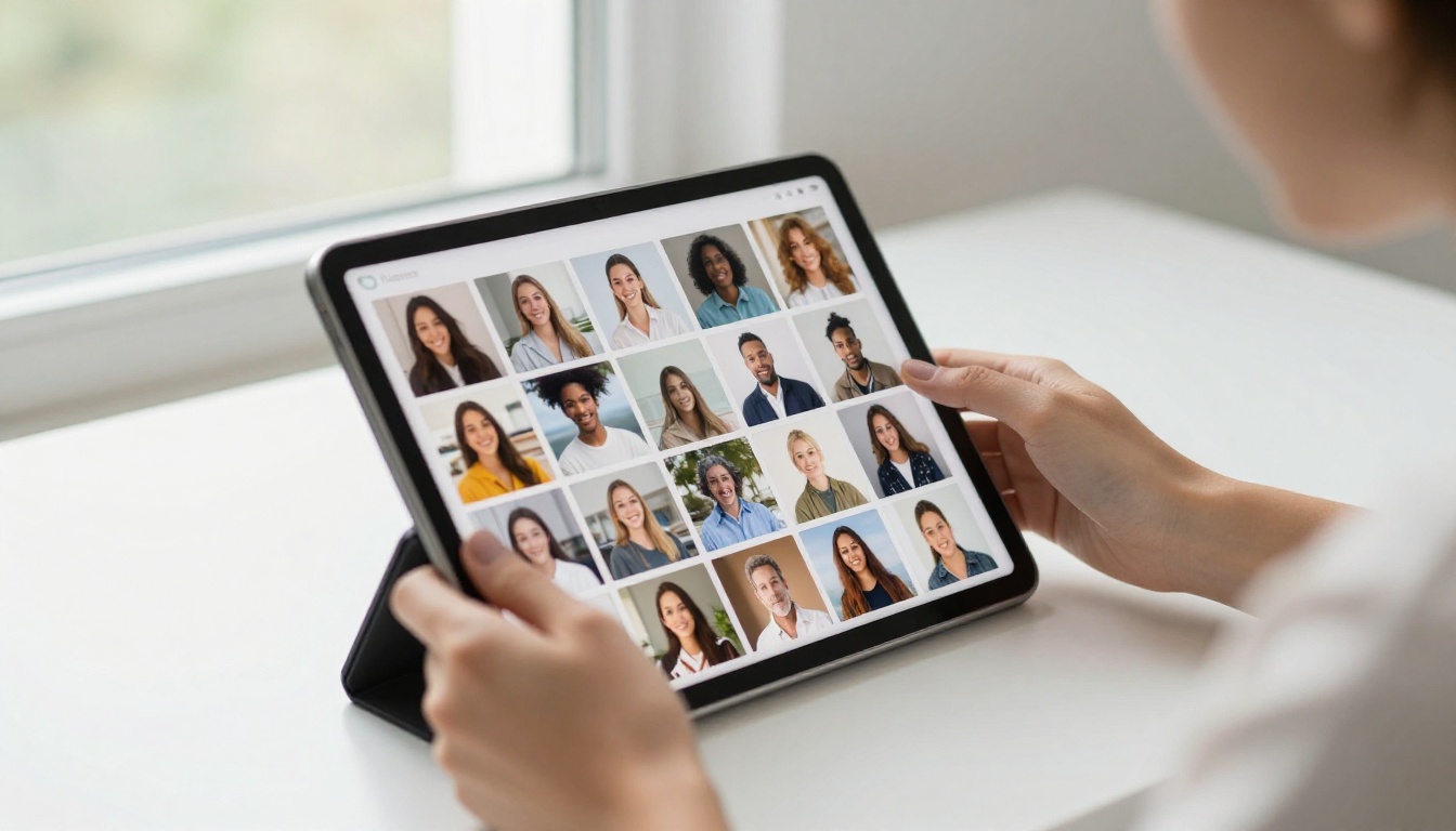 A young woman rapidly swiping through many image thumbnails on a tablet at a bright minimalist desk, slight motion blur, daylight
