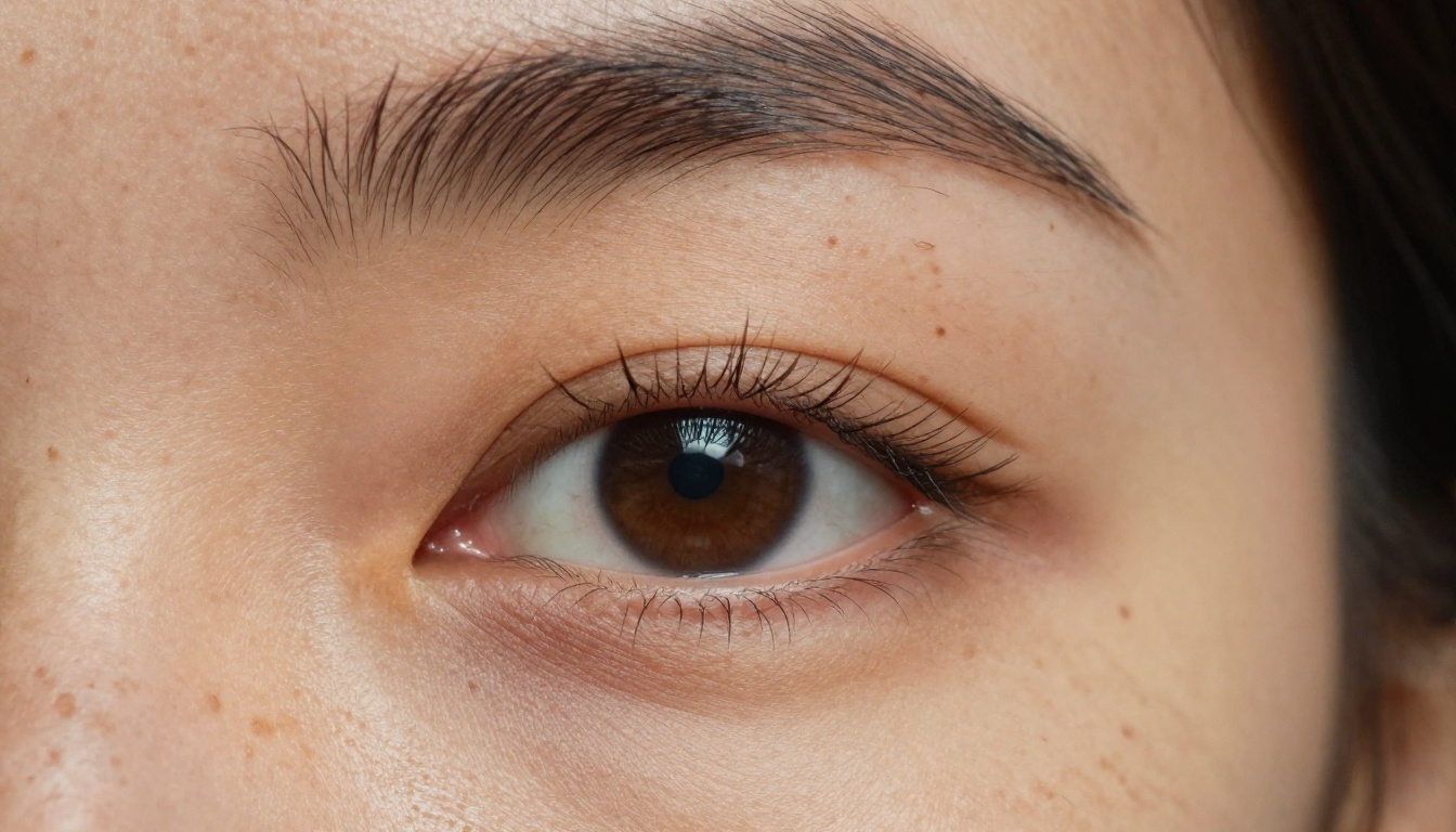 Extreme close-up of a woman's eye and surrounding freckled skin, individual eyelashes and fine pores in razor sharp focus