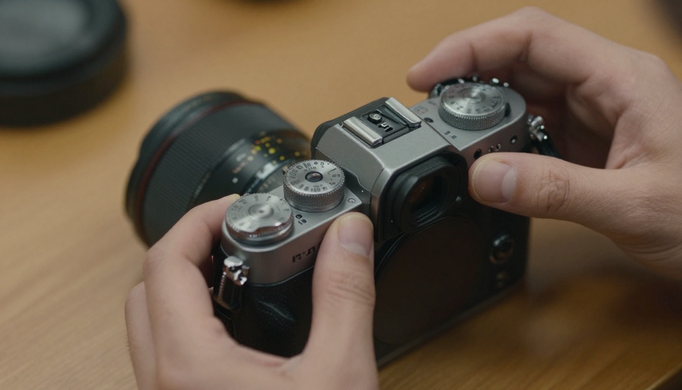 Close-up of a photographer's hands adjusting the dials and control settings on a professional camera body, warm workshop light