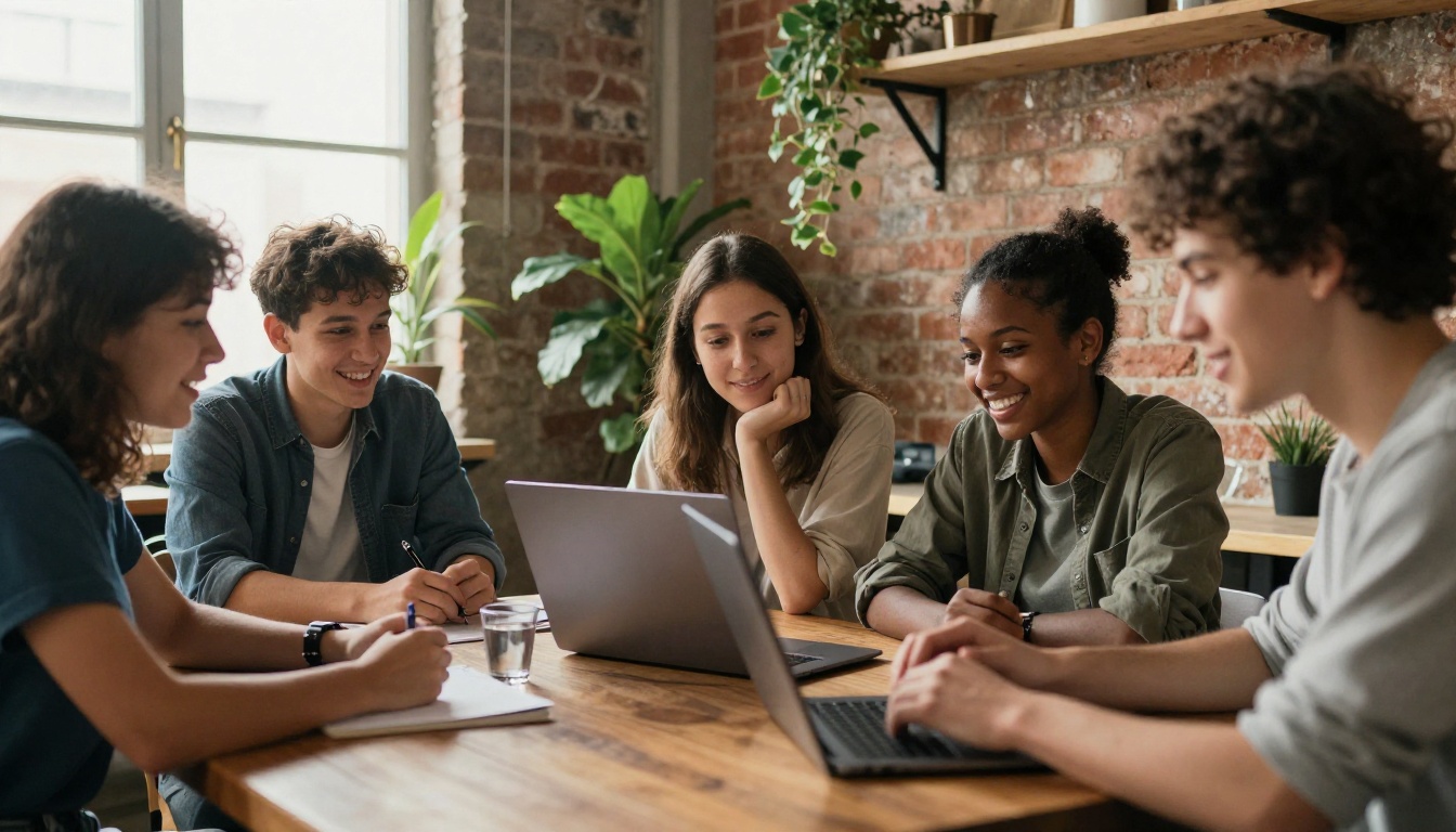 A diverse team of creators around a laptop in a sunlit loft