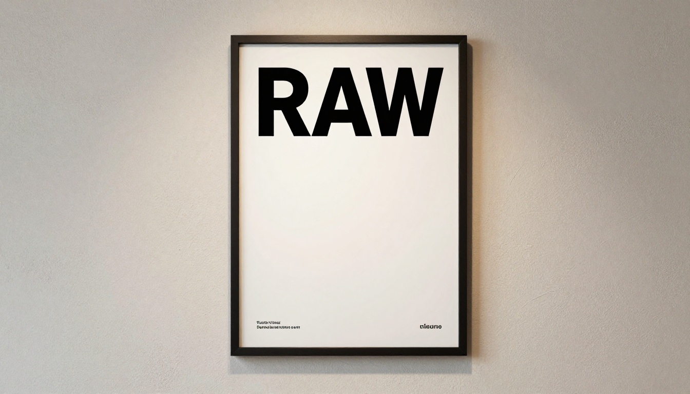 A framed minimalist poster on a textured plaster wall showing a clean editorial layout, soft gallery lighting from above
