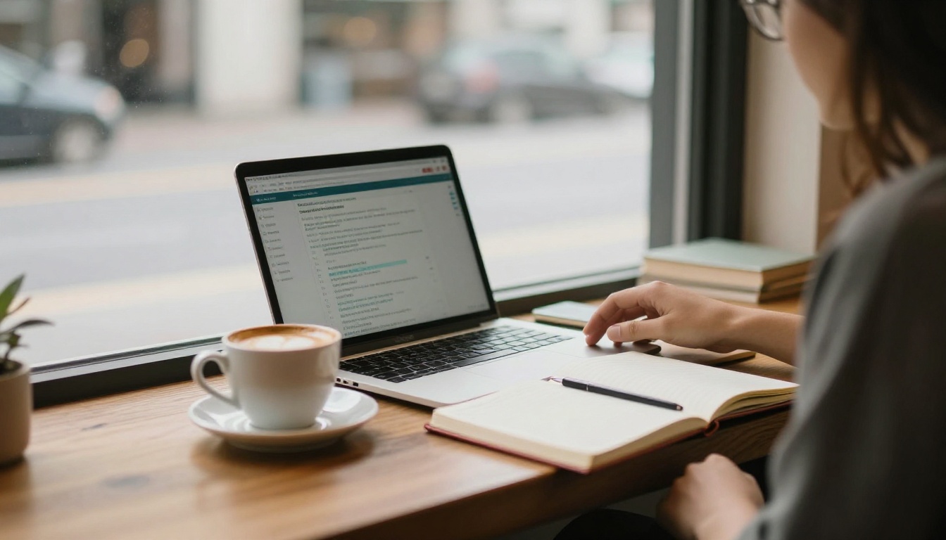A creator working at a cozy coffee shop window seat