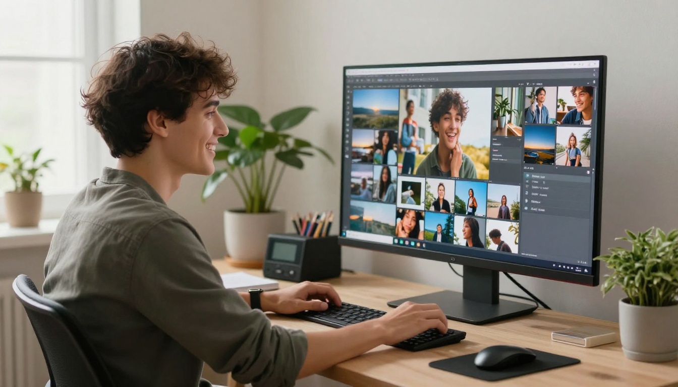 A relaxed young creator smiling while generating images on a large desktop screen full of photo results, bright airy home office