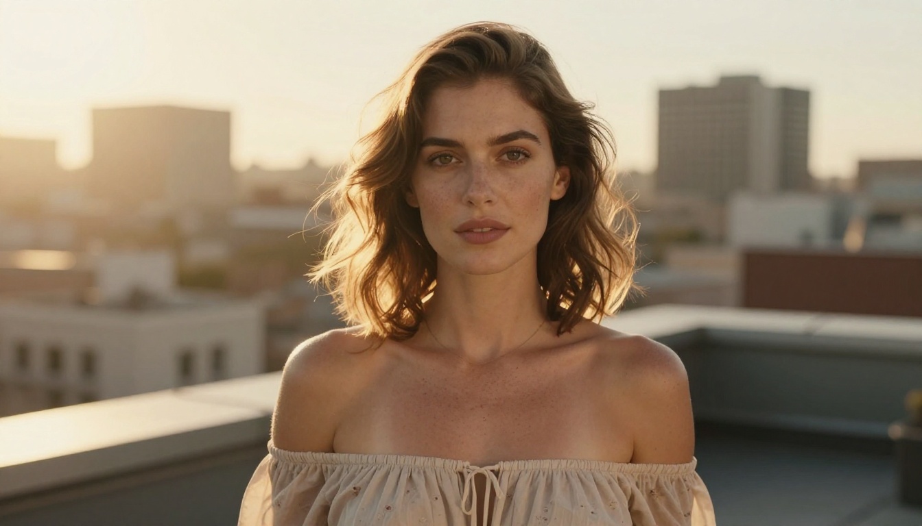 Golden hour rooftop portrait in an elegant summer dress