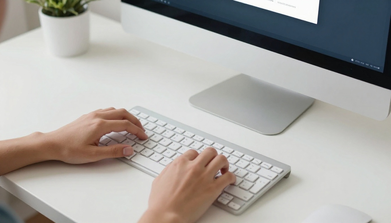 A person typing a text prompt on a clean white desktop keyboard, a large monitor showing a minimal generation interface
