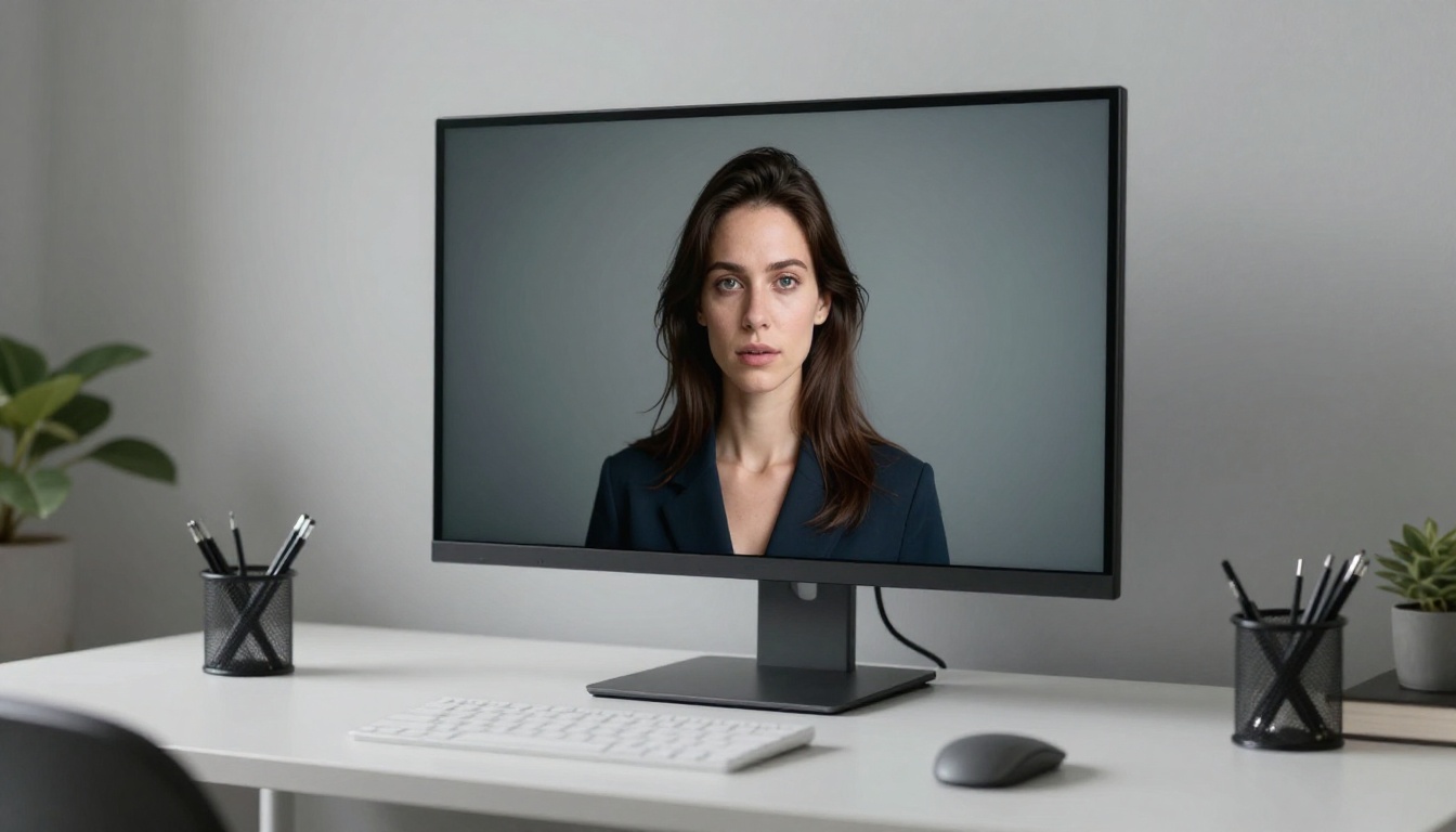 A sleek monitor on a minimalist desk revealing a freshly generated ultra realistic portrait, soft ambient light