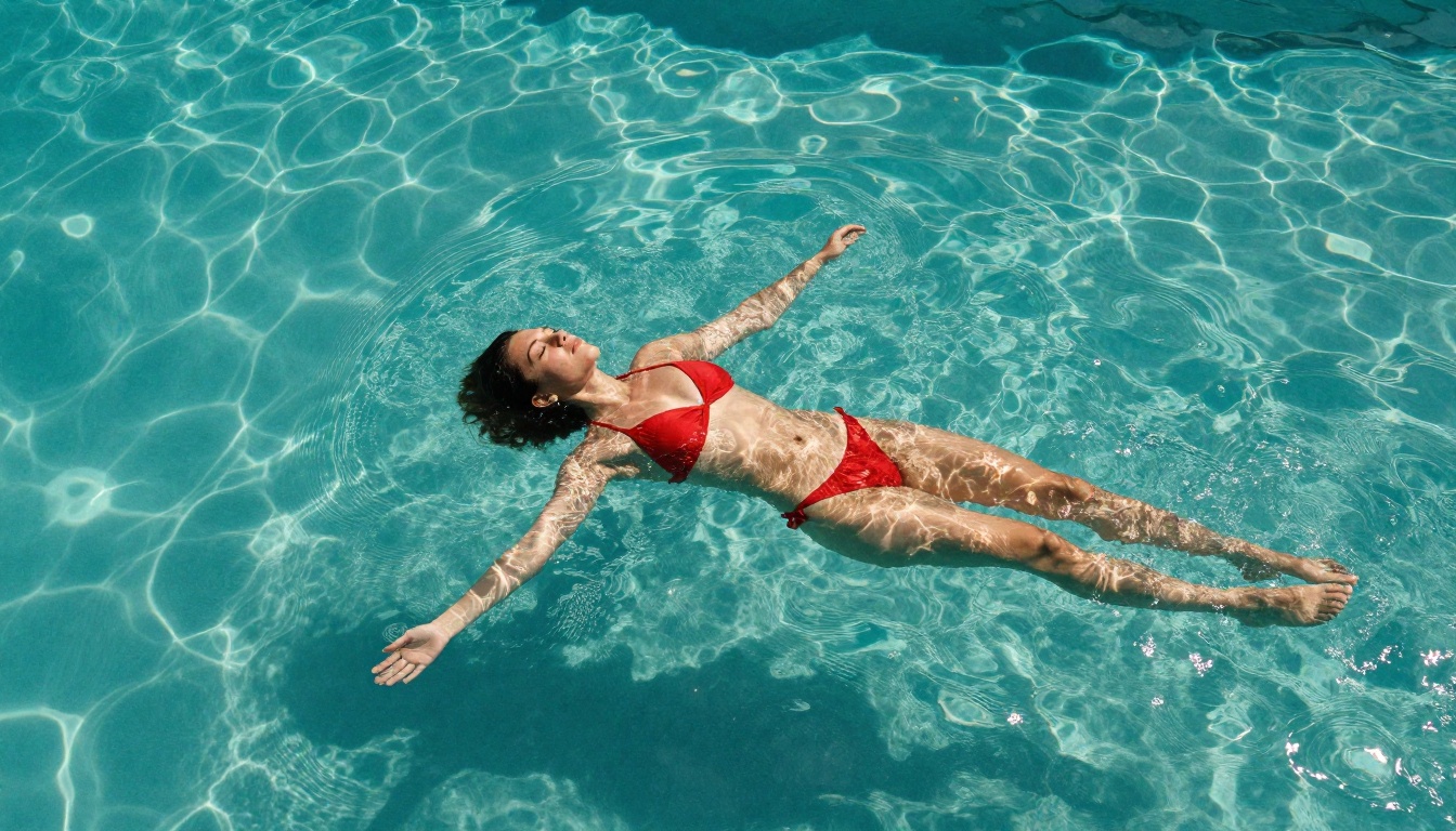 A woman in a red bikini floating in a turquoise infinity pool