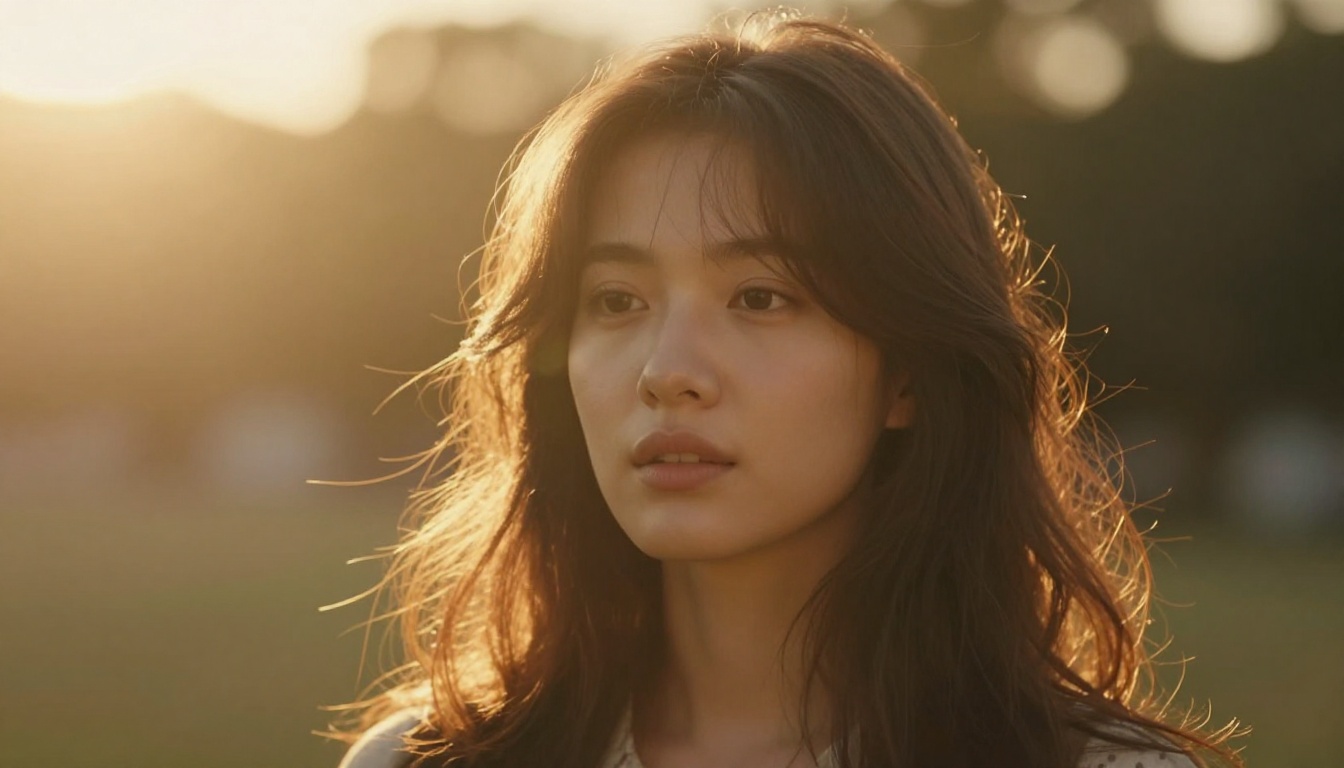 A woman bathed in soft golden hour backlight, sun low and behind her casting a warm rim around her hair, gentle lens flare