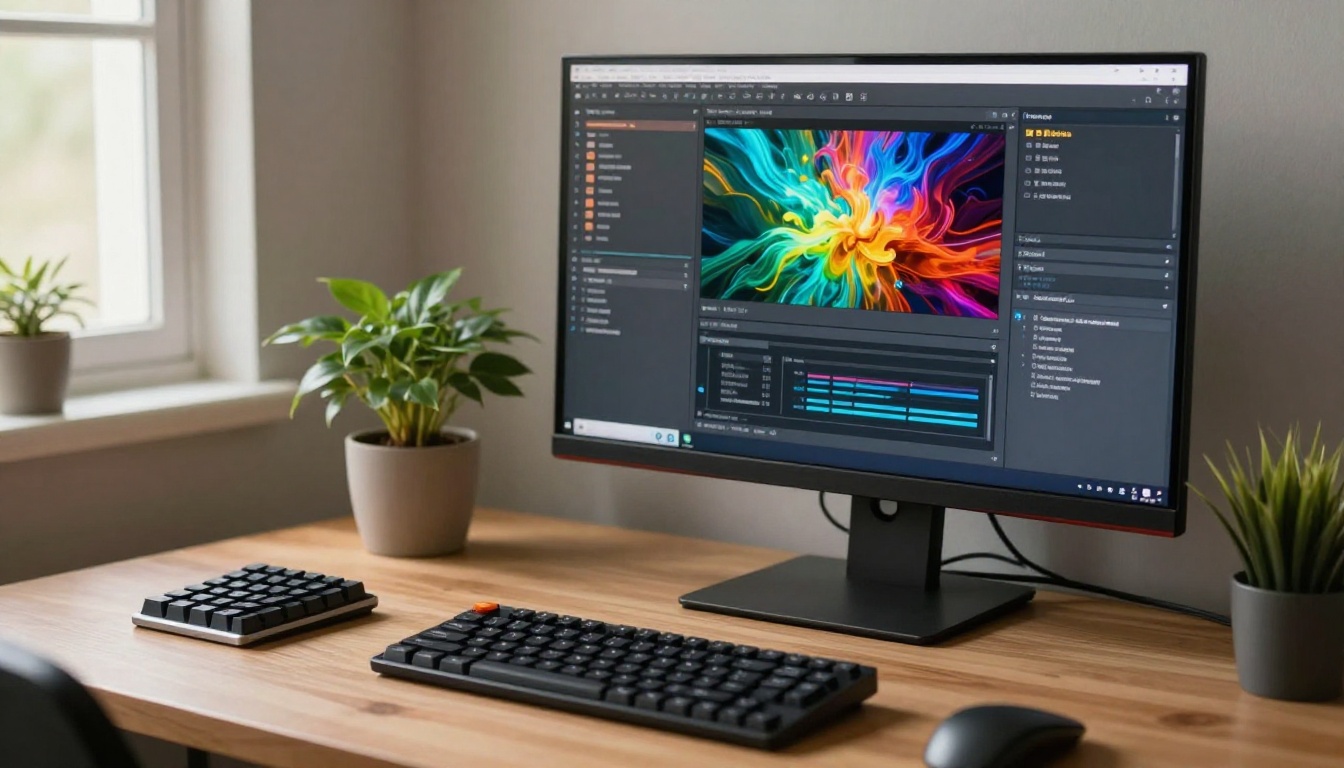 A developer desk with generated images on the monitor