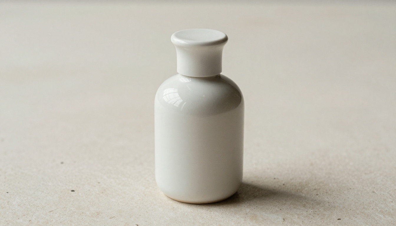 A ceramic skincare bottle on a smooth pale stone surface under soft overcast diffused light with no hard shadows, clean product shot