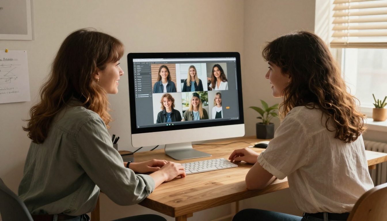 Two young women collaborating at a shared wooden studio table, both looking at a large iMac screen showing portrait images