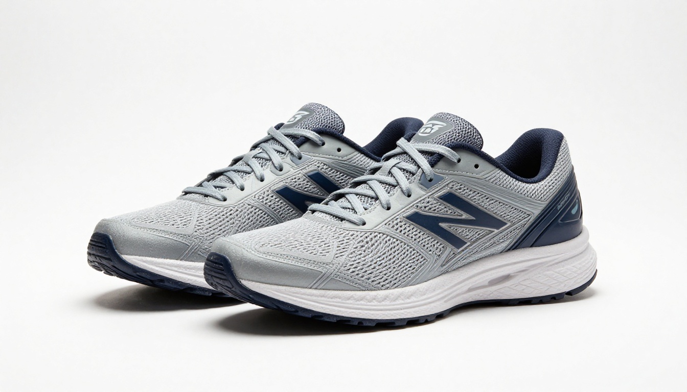 A pair of premium running shoes isolated on a seamless pure white studio background, soft even lighting, clean commercial look
