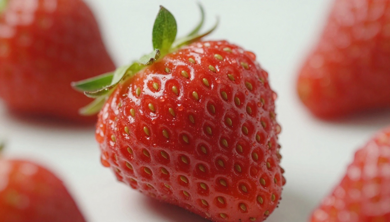 Extreme macro of a fresh strawberry with water droplets, razor sharp detail on the seeds and texture, soft diffused lighting