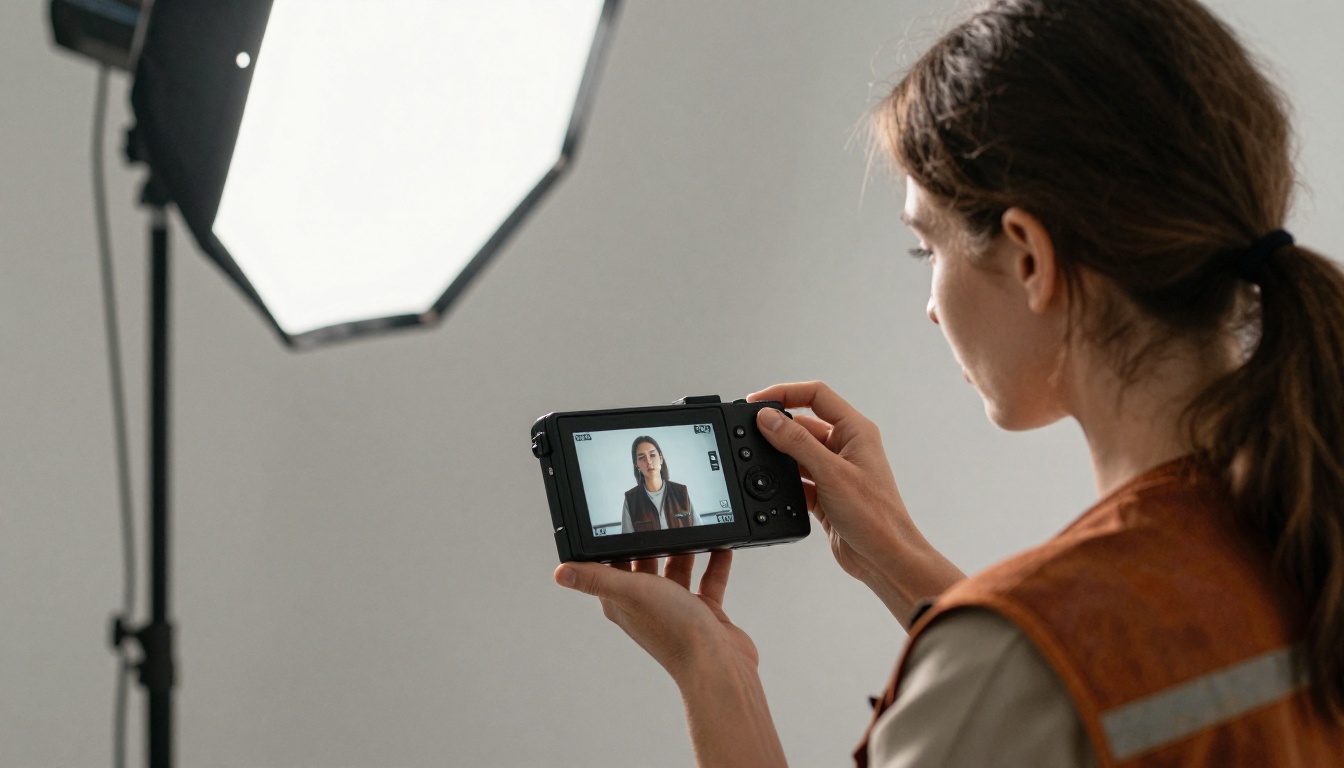 A woman photographer in a rust utility vest reviewing images on a camera LCD screen in a bright studio, softbox lighting
