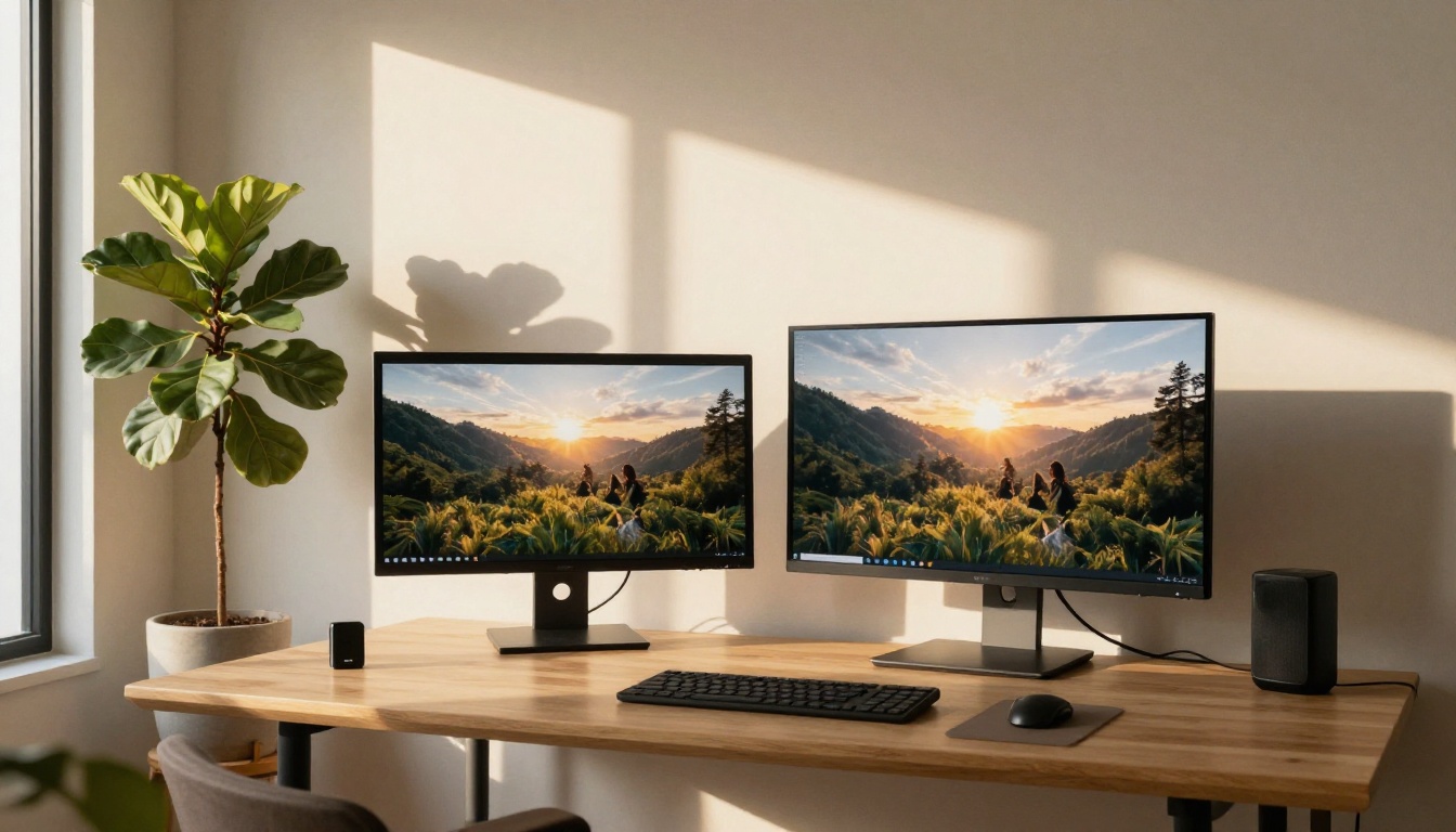 Wide establishing shot of a sunlit minimalist home studio, dual monitors showing photorealistic artwork, golden hour light, fig tree