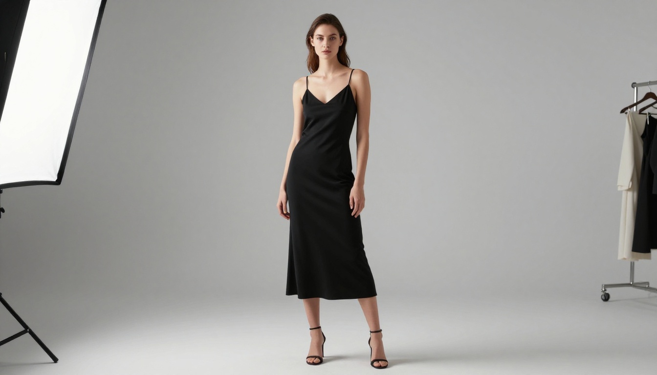 Fashion model in a black slip dress in a minimalist studio beside a wardrobe rack, soft strobe lighting, outfit-swap concept, 8K photography Fashion model in a black slip dress in a minimalist studio beside a wardrobe rack, soft strobe lighting, outfit-swap concept, 8K photography