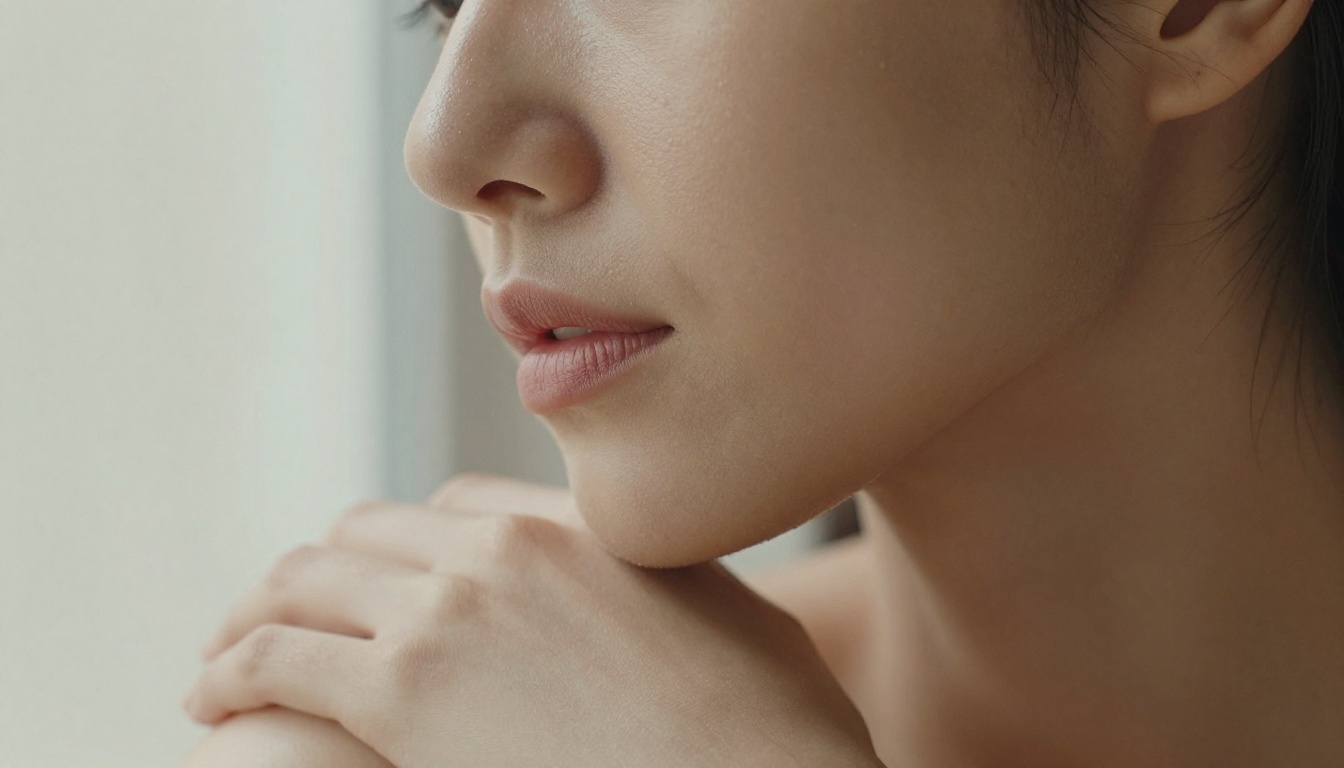 Beauty close-up of a woman's face and shoulders with flawless retouched skin, soft window light, 100mm macro, 8K photography Beauty close-up of a woman's face and shoulders with flawless retouched skin, soft window light, 100mm macro, 8K photography