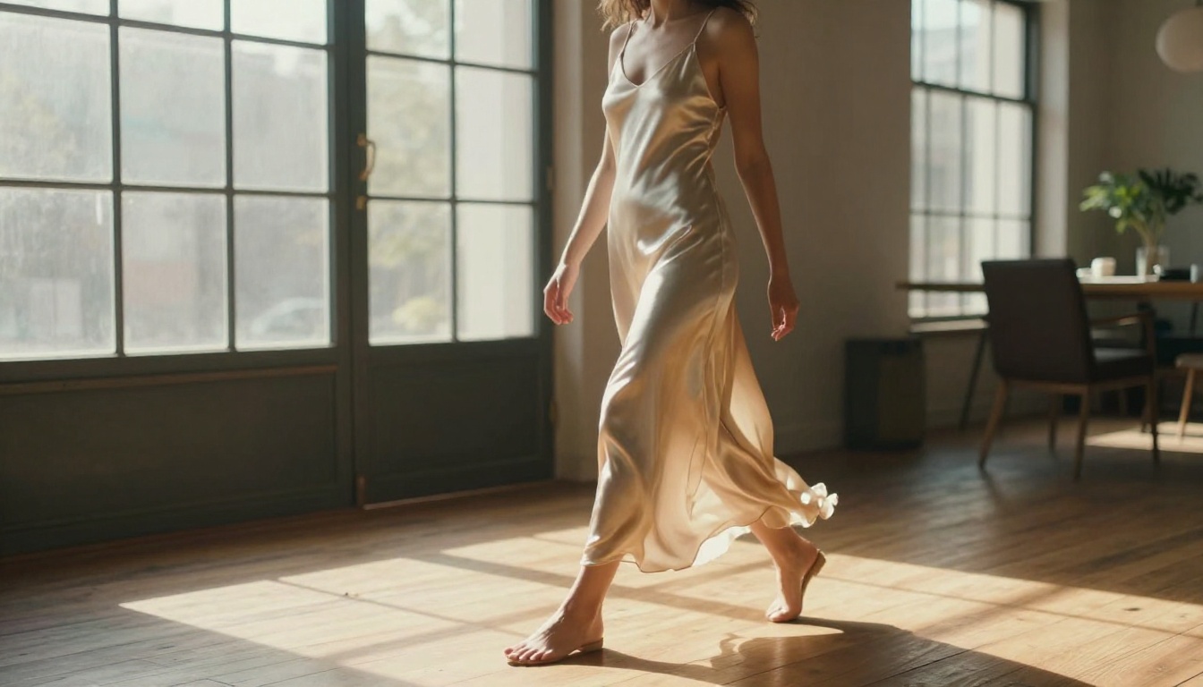 Full-body shot of a woman in a flowing silk slip dress walking through a sunlit loft, golden side light, 35mm, 8K photography Full-body shot of a woman in a flowing silk slip dress walking through a sunlit loft, golden side light, 35mm, 8K photography