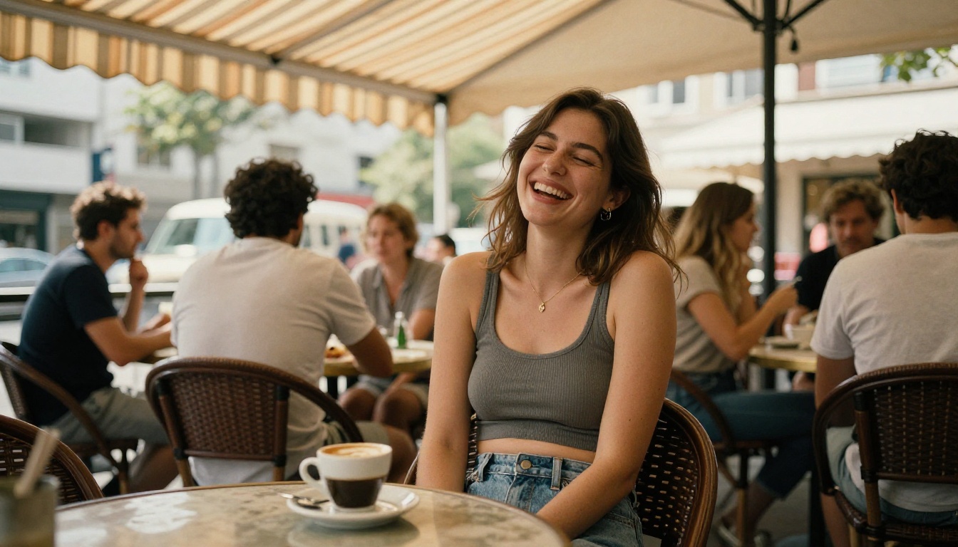 Relaxed lifestyle shot of a woman in a cropped tank top laughing on a sunlit cafe terrace, warm awning light, 50mm, 8K photography Relaxed lifestyle shot of a woman in a cropped tank top laughing on a sunlit cafe terrace, warm awning light, 50mm, 8K photography