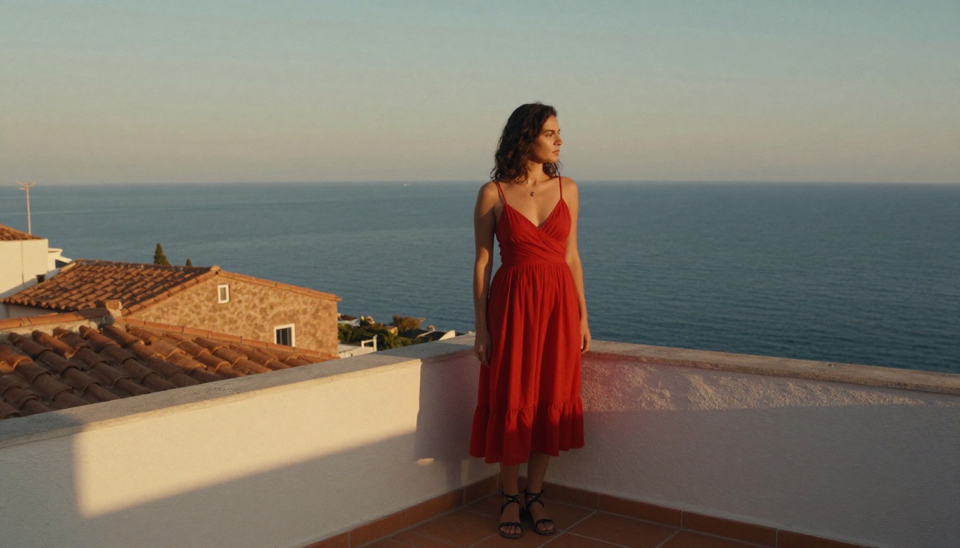 Woman in a flowing red dress on a Mediterranean balcony at dusk, terracotta rooftops and sea behind, grounded shadows, 28mm, 8K photography Woman in a flowing red dress on a Mediterranean balcony at dusk, terracotta rooftops and sea behind, grounded shadows, 28mm, 8K photography