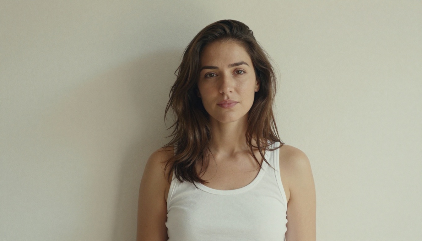 Simple natural portrait of a woman in a white cotton tank top against a sunlit wall, soft daylight, 50mm, 8K photography Simple natural portrait of a woman in a white cotton tank top against a sunlit wall, soft daylight, 50mm, 8K photography