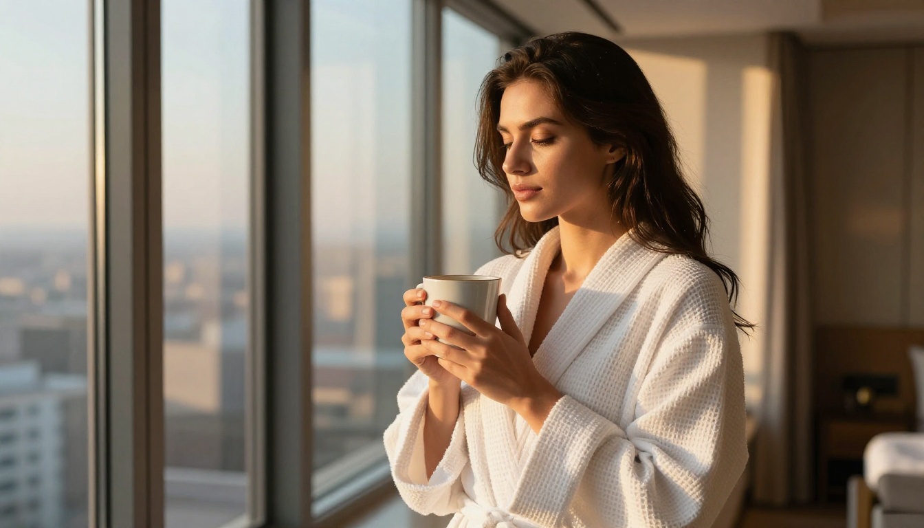 Woman in a soft white robe by a sunrise window holding a coffee mug, warm golden light, photorealistic 8K photography