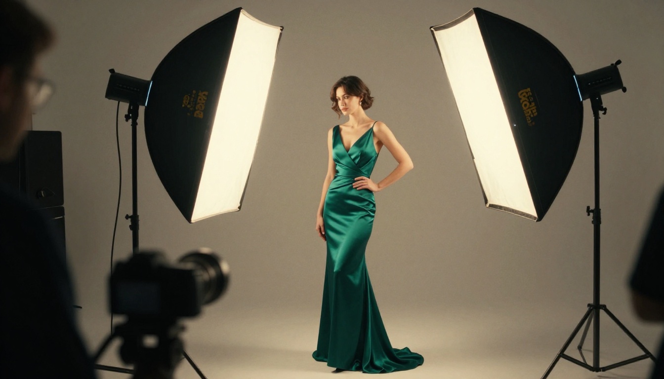 Photography studio scene with a model in an emerald gown under a softbox, light stands and tripod in frame, cinematic haze, 35mm, 8K photography Photography studio scene with a model in an emerald gown under a softbox, light stands and tripod in frame, cinematic haze, 35mm, 8K photography
