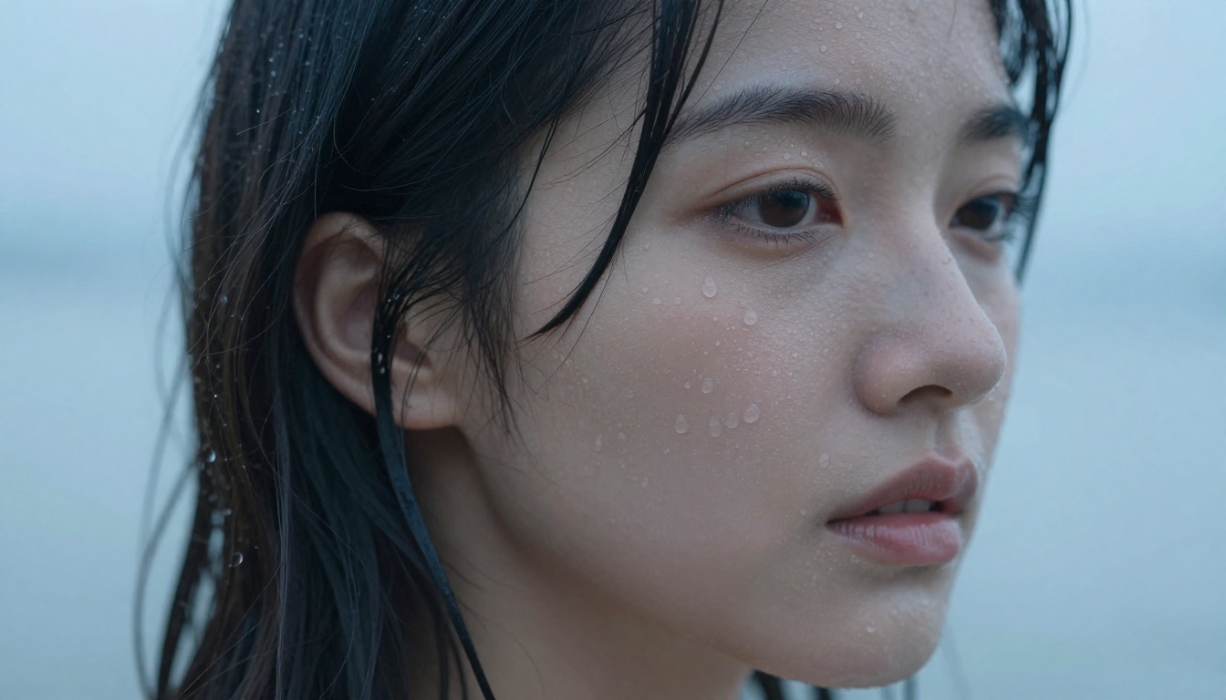 High-resolution portrait of a woman with wet hair and water droplets on her skin, ultra-fine detail, cool blue-hour light, 90mm macro, 8K photography High-resolution portrait of a woman with wet hair and water droplets on her skin, ultra-fine detail, cool blue-hour light, 90mm macro, 8K photography