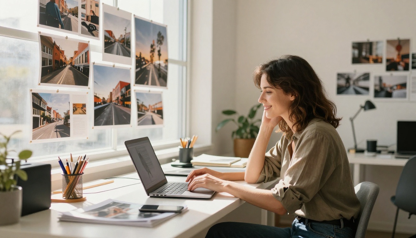 Woman reviewing a wall of printed photographs at a sunlit desk in a bright creative studio, warm daylight, 35mm, 8K photography Woman reviewing a wall of printed photographs at a sunlit desk in a bright creative studio, warm daylight, 35mm, 8K photography