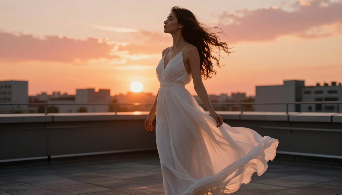 Woman in a flowing white maxi dress on a rooftop terrace at sunset, fabric and hair lifted by the breeze, glowing sky, 50mm, 8K photography Woman in a flowing white maxi dress on a rooftop terrace at sunset, fabric and hair lifted by the breeze, glowing sky, 50mm, 8K photography