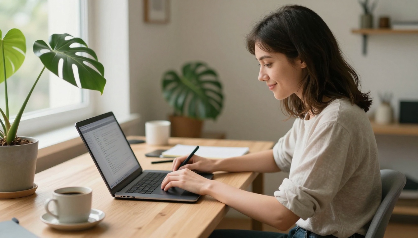 Creator generating AI art at a sunlit home desk with a laptop and tablet Creator generating AI art at a sunlit home desk with a laptop and tablet