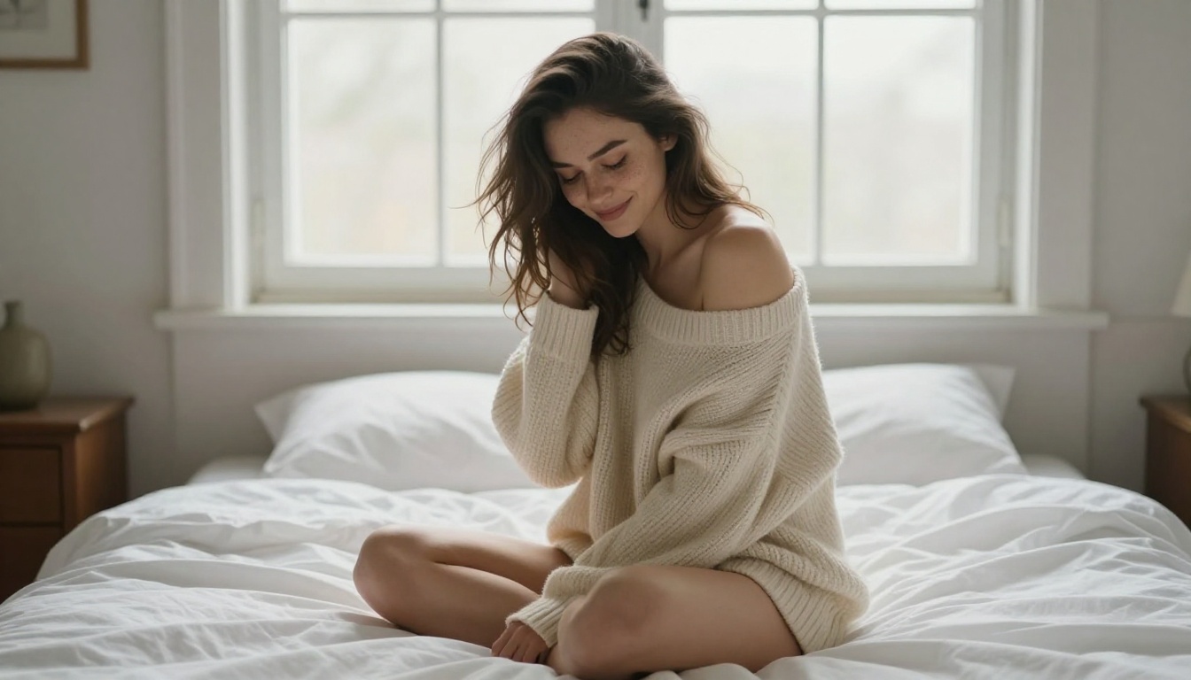 Soft boudoir portrait of a woman in window light on white sheets