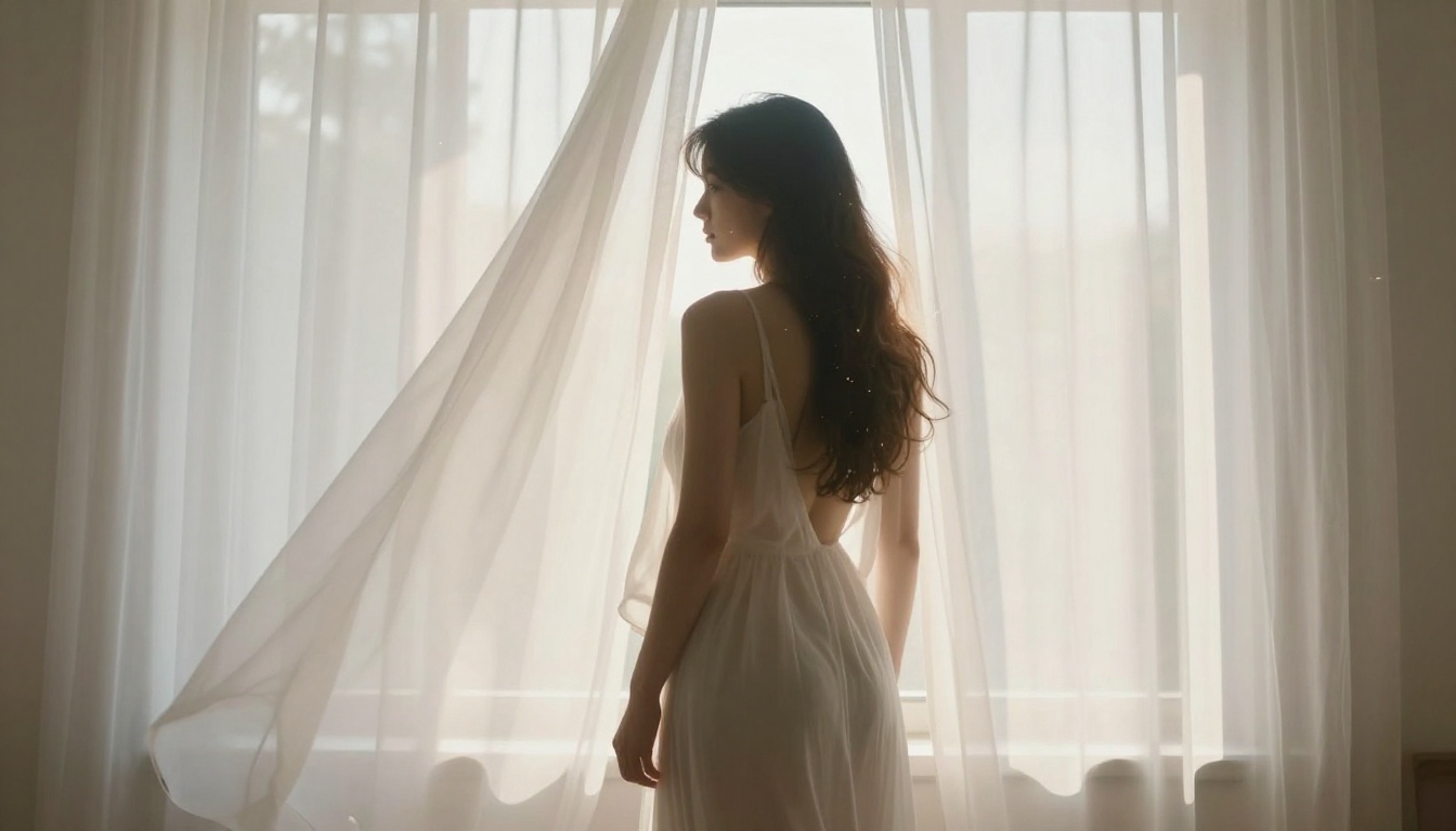 Artistic backlit silhouette of a woman behind a sheer flowing curtain