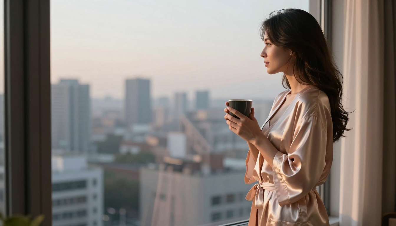 Woman in a blush silk robe by a window at dawn, calm and tasteful Woman in a blush silk robe by a window at dawn, calm and tasteful