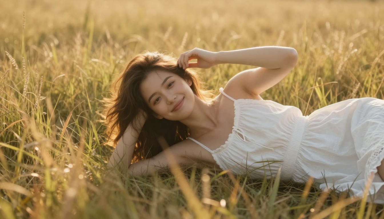 Romantic golden-hour portrait of a woman in a white sundress in a meadow