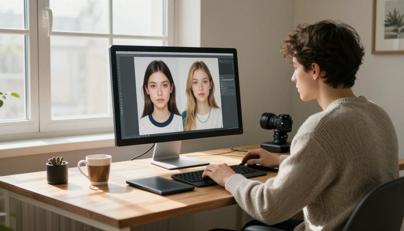 Focused creator at a wooden desk reviewing photorealistic AI portraits on a large studio monitor