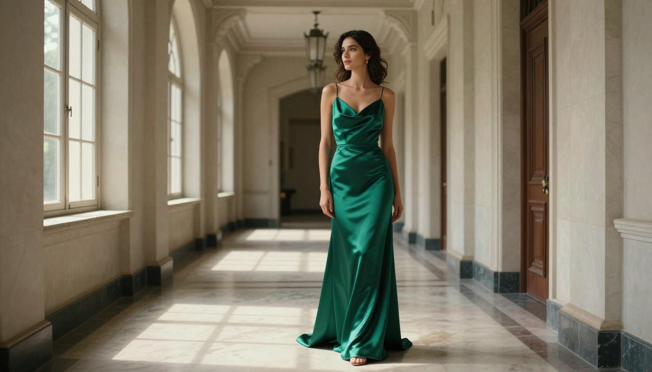 Full-length fashion editorial of a woman in a flowing emerald satin gown in a sunlit marble hallway