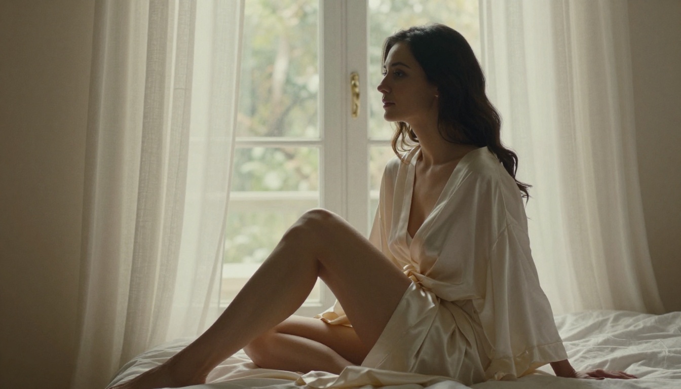 Tasteful intimate portrait of a woman in an ivory silk robe by a large window in soft morning light
