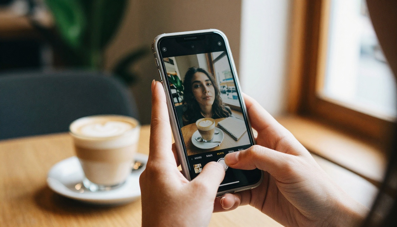 Close-up of hands holding a smartphone showing a freshly generated photorealistic portrait at a sunlit cafe