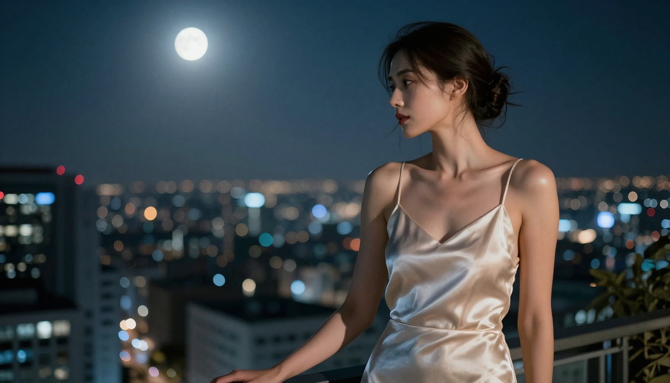 Elegant woman in sheer slip dress on rooftop at night, city bokeh background Elegant woman in sheer slip dress on rooftop at night, city bokeh background