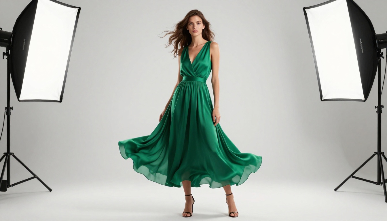 Elegant fashion model in emerald silk dress mid-spin in white studio Elegant fashion model in emerald silk dress mid-spin in white studio