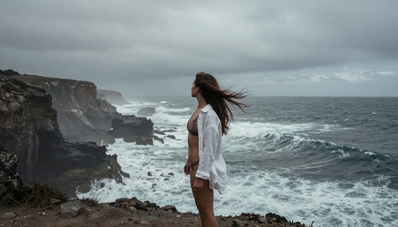 Woman with hair blowing dramatically on clifftop against stormy Atlantic Ocean