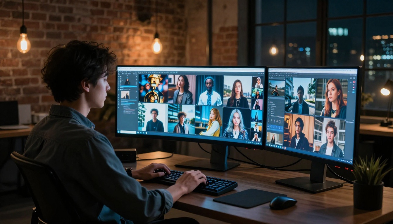 Young professional at ultrawide monitor setup displaying AI-generated images at night Young professional at ultrawide monitor setup displaying AI-generated images at night
