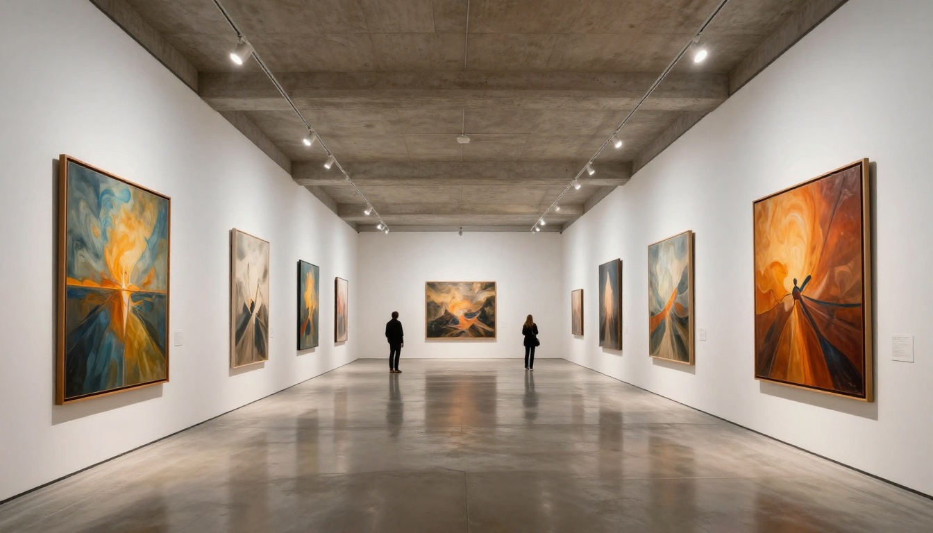 Contemporary art gallery displaying large photorealistic AI prints