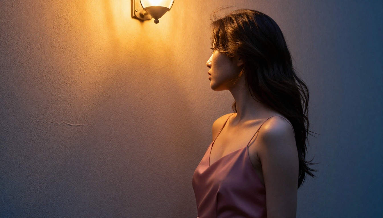 Woman in dusty rose dress in elegant profile, terracotta wall, blue hour rim lighting