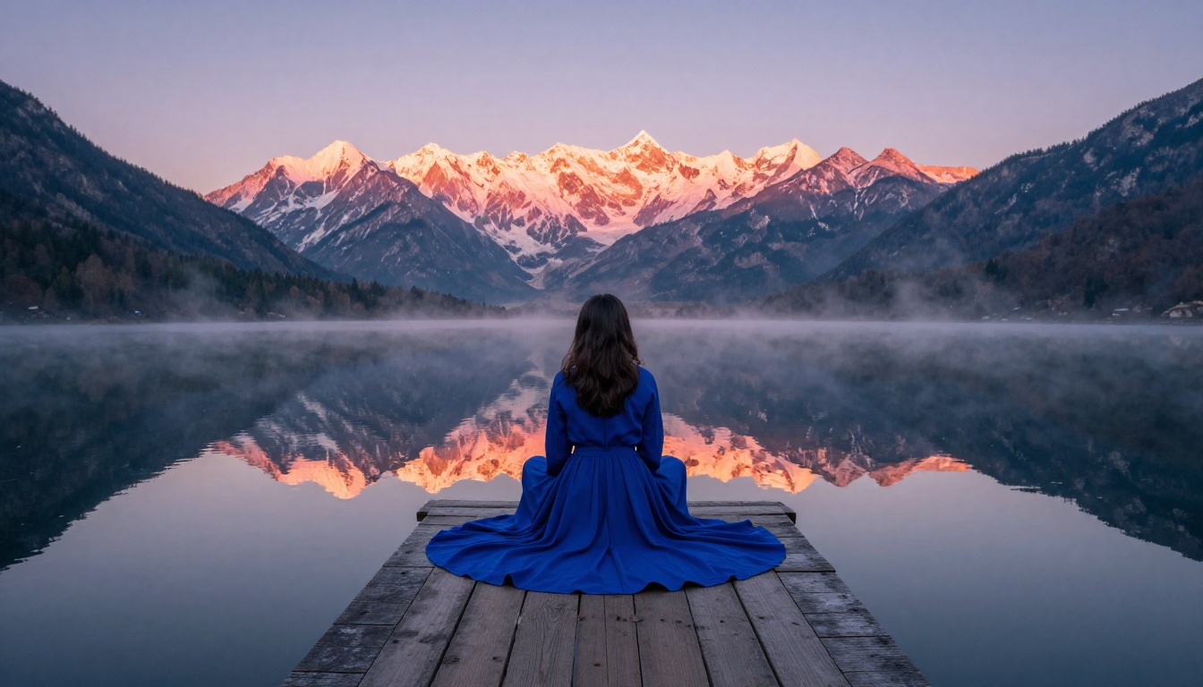 Woman in cobalt dress on mountain lake pier at dawn, misty reflections Woman in cobalt dress on mountain lake pier at dawn, misty reflections