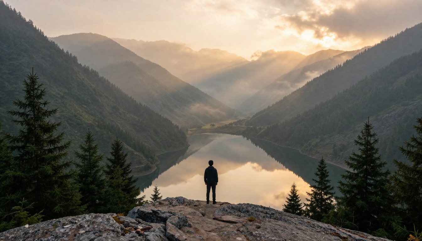 Misty mountain valley at dawn with golden light and reflective lake Misty mountain valley at dawn with golden light and reflective lake