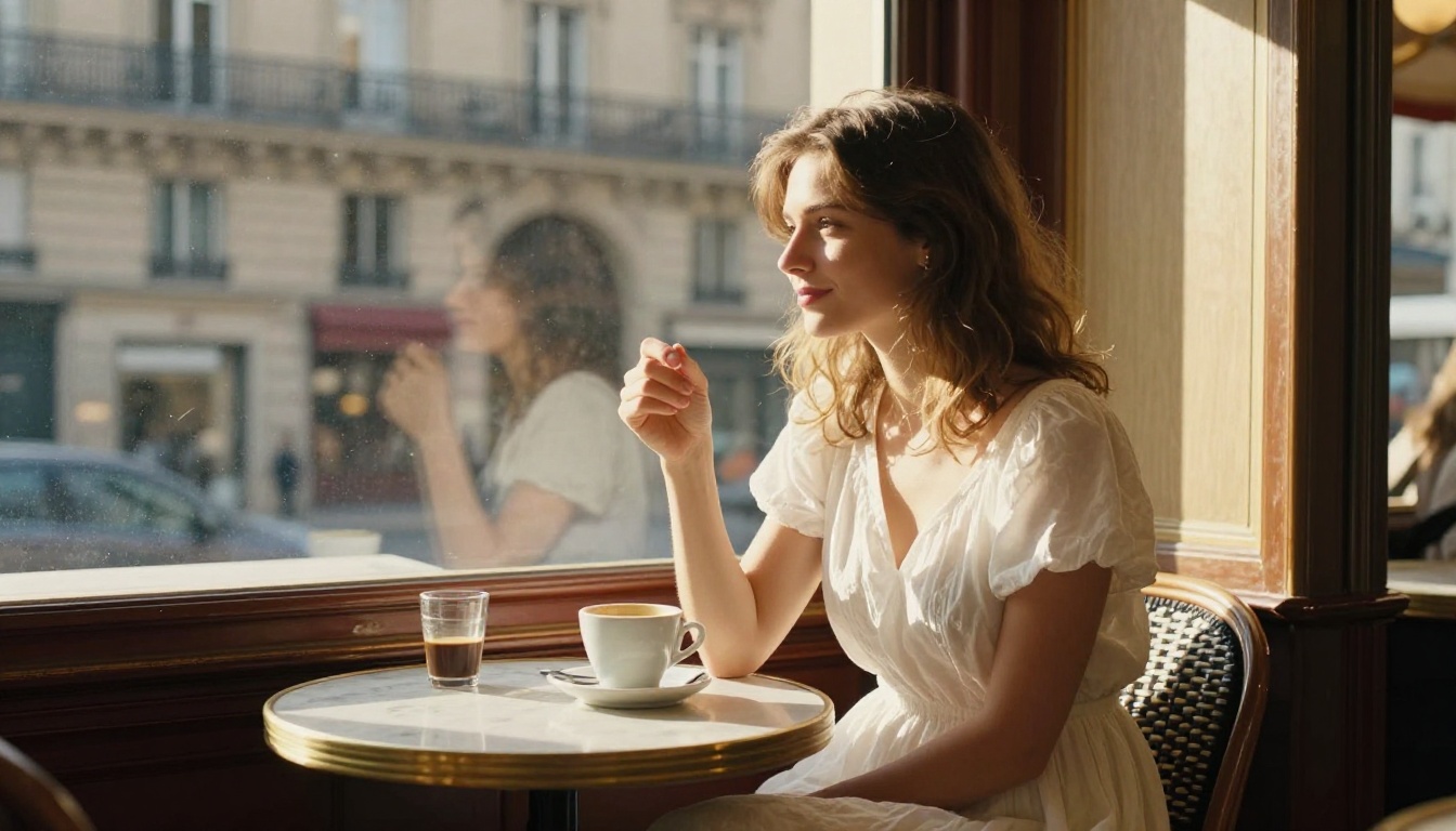 Woman at Parisian café window, golden hour light streaming in, candid photography